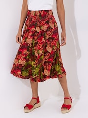 Joe Browns Red Palm Print Godet Skater Skirt - Image 1 of 5
