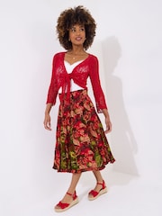 Joe Browns Red Palm Print Godet Skater Skirt - Image 2 of 5