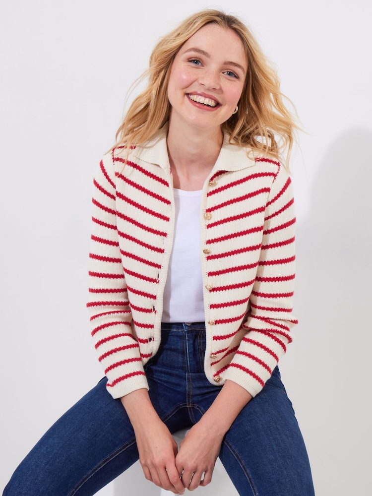 Joe Browns Cream Striped Collared 100% Cotton Cardigan - Image 1 of 5
