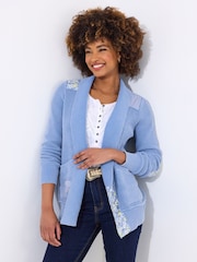 Joe Browns Blue Floral Print Patchwork Ribbed 100% Cotton Cardigan - Image 1 of 5
