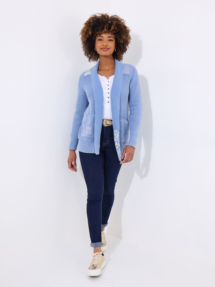 Joe Browns Blue Floral Print Patchwork Ribbed 100% Cotton Cardigan - Image 2 of 5 Joe Browns Blue Floral Print Patchwork Ribbed 100% Cotton Cardigan - Image 2 of 5