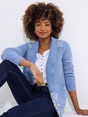 Joe Browns Blue Floral Print Patchwork Ribbed 100% Cotton Cardigan - Image 3 of 5