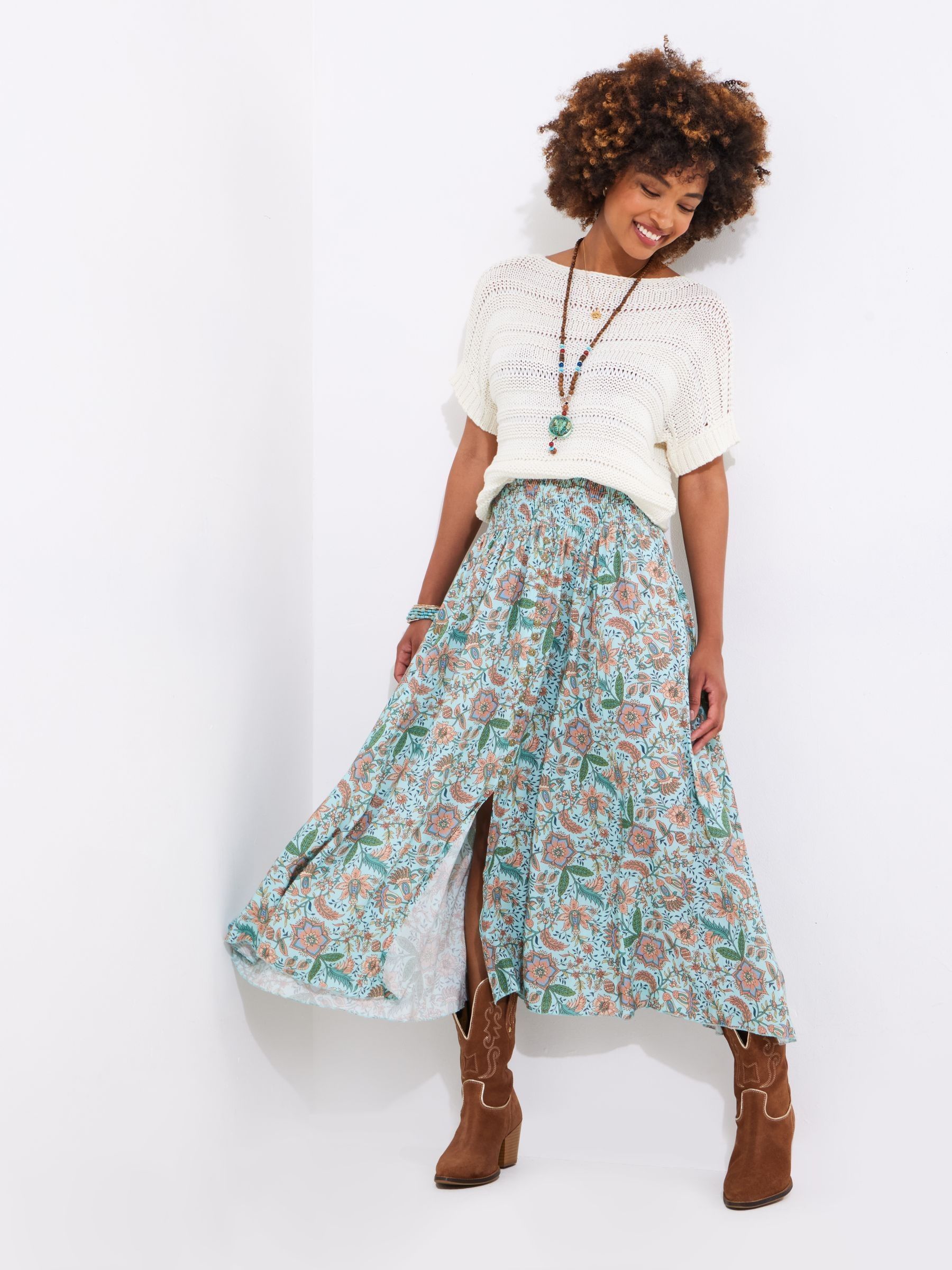 Buy Joe Browns Blue Floral Print Shirred Waist Maxi Skirt from