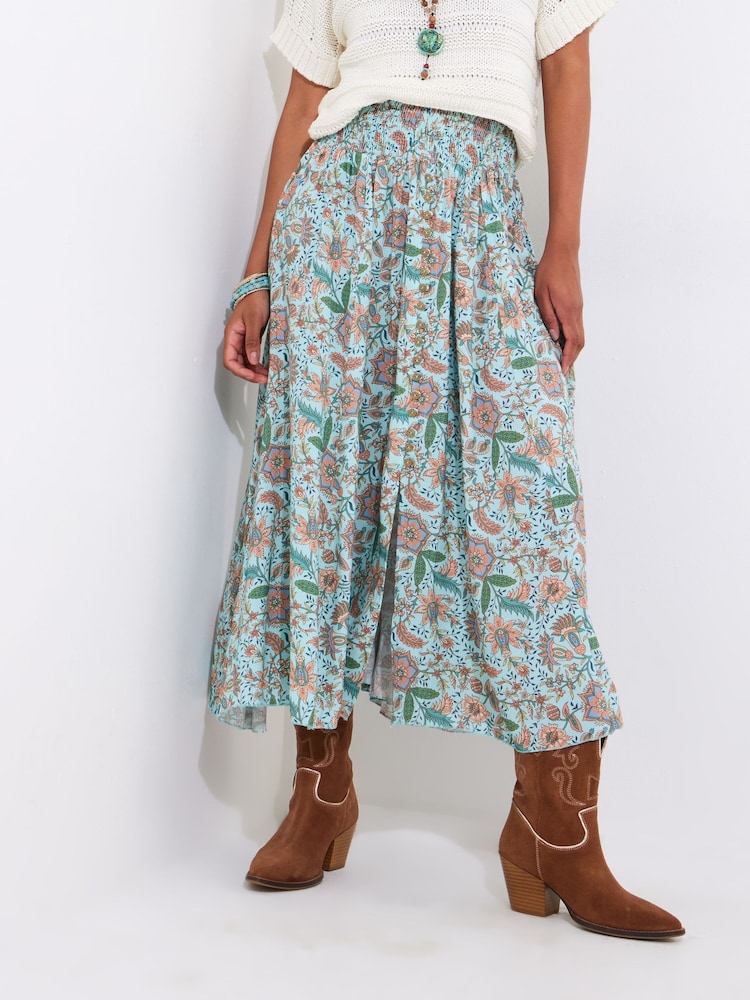 Joe Browns Blue Floral Print Shirred Waist Maxi Skirt - Image 4 of 7