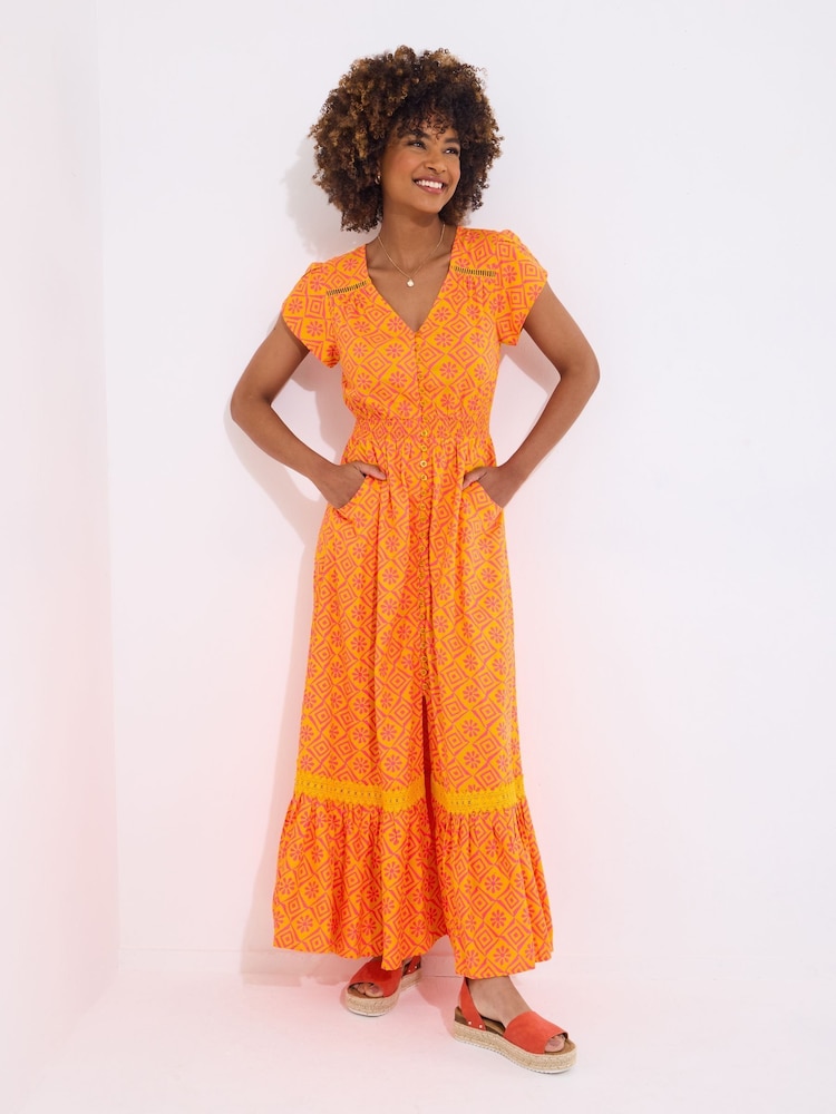 Joe Browns Orange V-Neck Geo Print Maxi Dress - Image 1 of 5