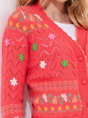 Joe Browns Orange V-Neck Floral 100% Cotton Cardigan - Image 6 of 7