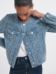 JD Williams Blue Fitted Collarless Boucle Textured Denim Jacket - Image 1 of 4
