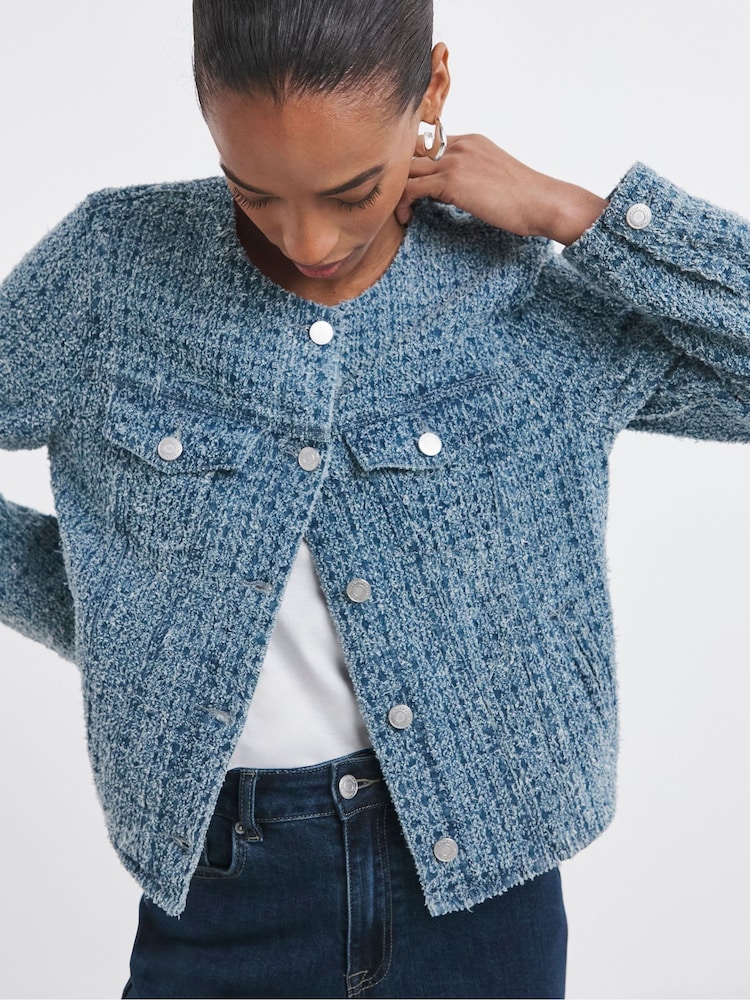 JD Williams Blue Fitted Collarless Boucle Textured Denim Jacket - Image 1 of 4