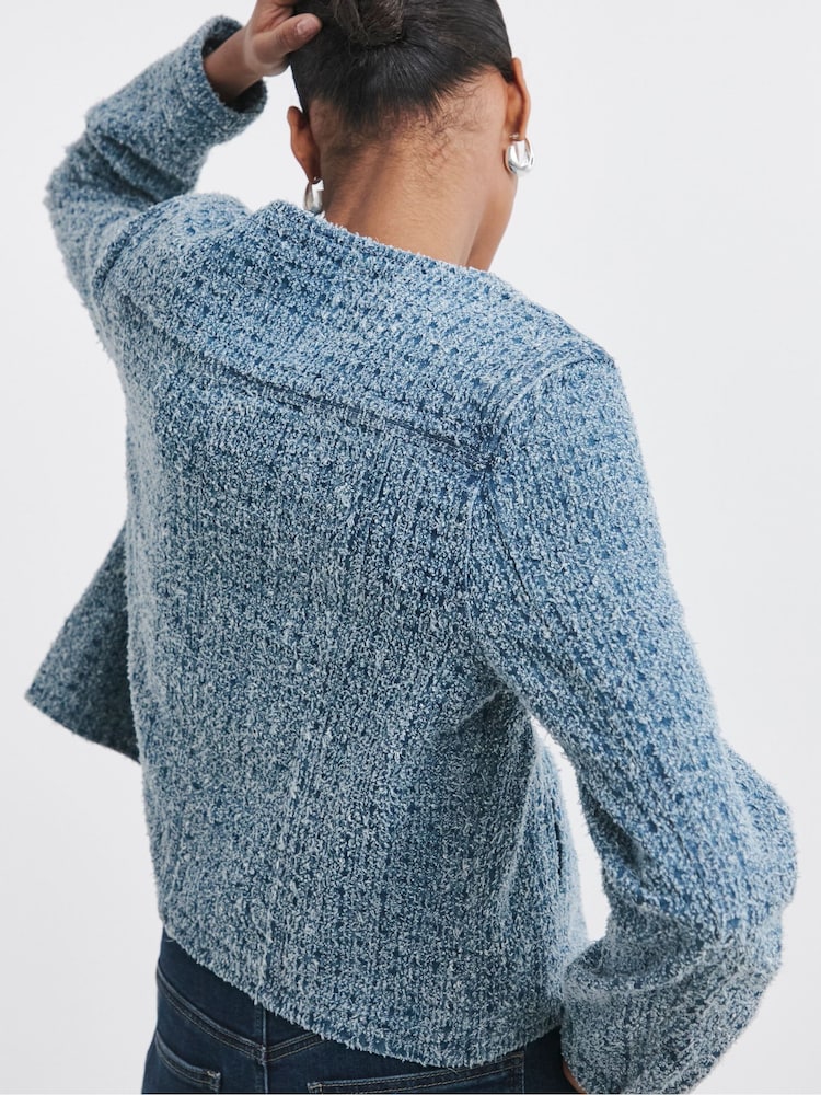 JD Williams Blue Fitted Collarless Boucle Textured Denim Jacket - Image 2 of 4