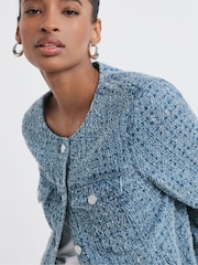 JD Williams Blue Fitted Collarless Boucle Textured Denim Jacket - Image 3 of 4