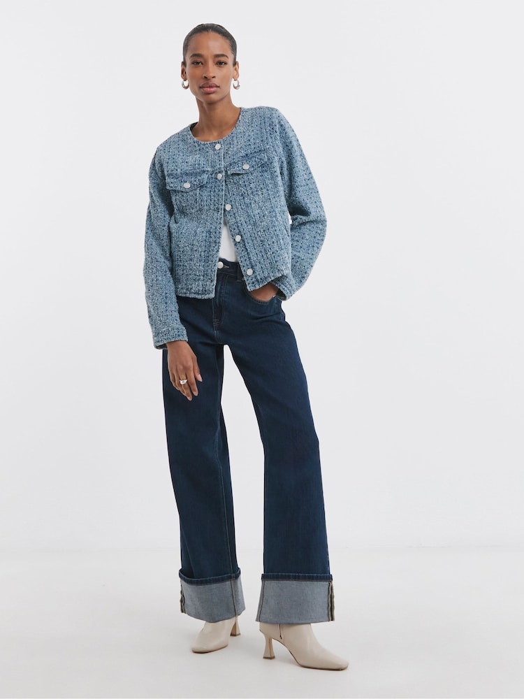 JD Williams Blue Fitted Collarless Boucle Textured Denim Jacket - Image 4 of 4