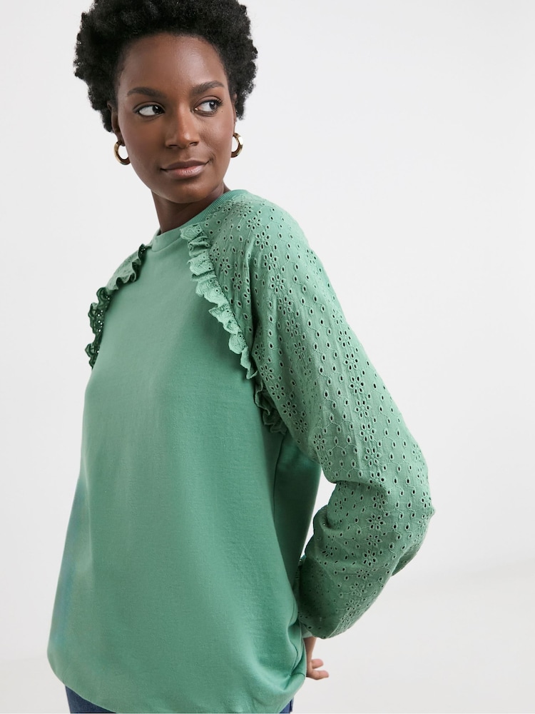 JD Williams Green Broderie Sleeve Frill Detail Sweater - Image 1 of 4 JD Williams Green Broderie Sleeve Frill Detail Sweater - Image 1 of 4