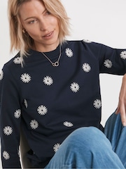 JD Williams Blue Embroidered Daisy 100% Cotton Sweatshirt - Image 1 of 4