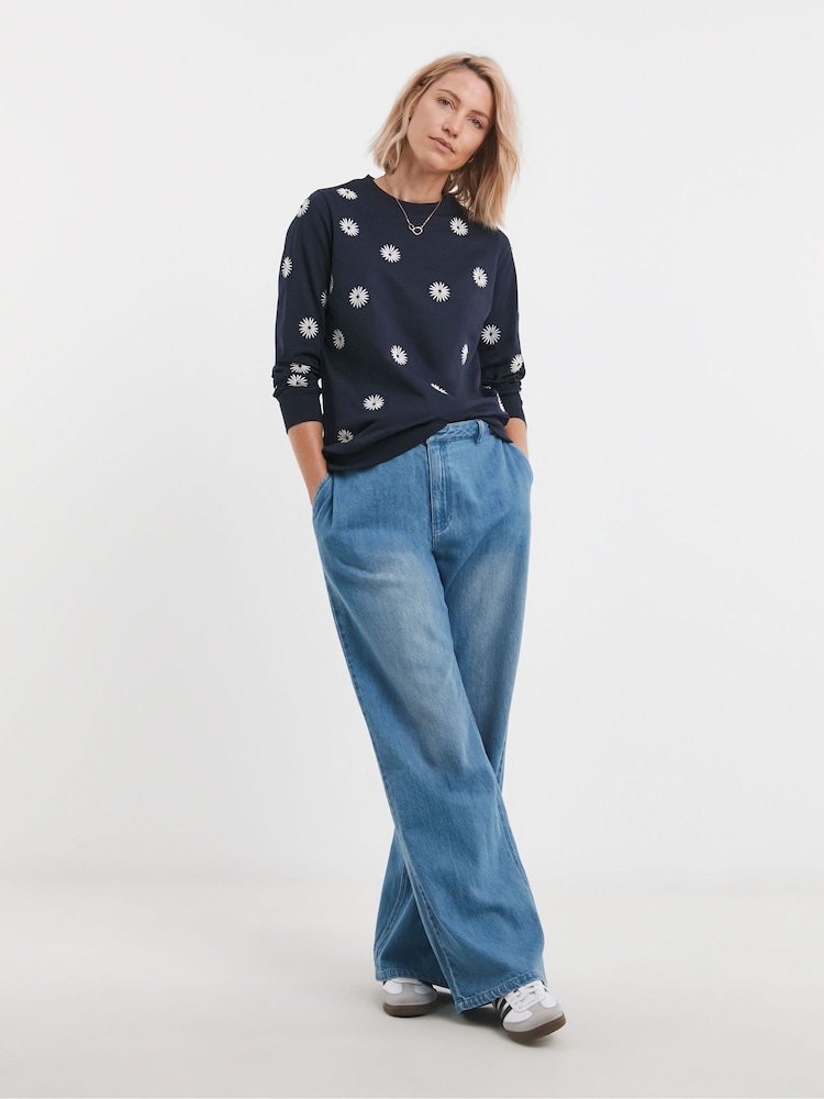 JD Williams Blue Embroidered Daisy 100% Cotton Sweatshirt - Image 3 of 4
