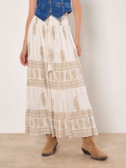 Apricot Cream Gold Print Tassel Maxi Skirt - Image 1 of 5