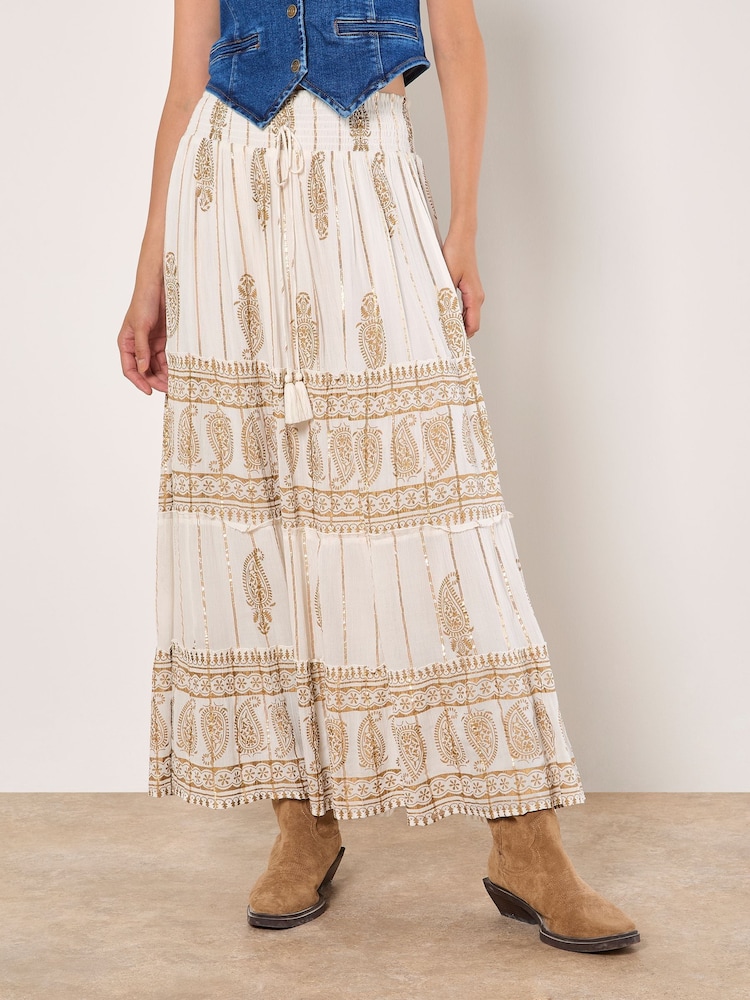 Apricot Cream Gold Print Tassel Maxi Skirt - Image 1 of 5
