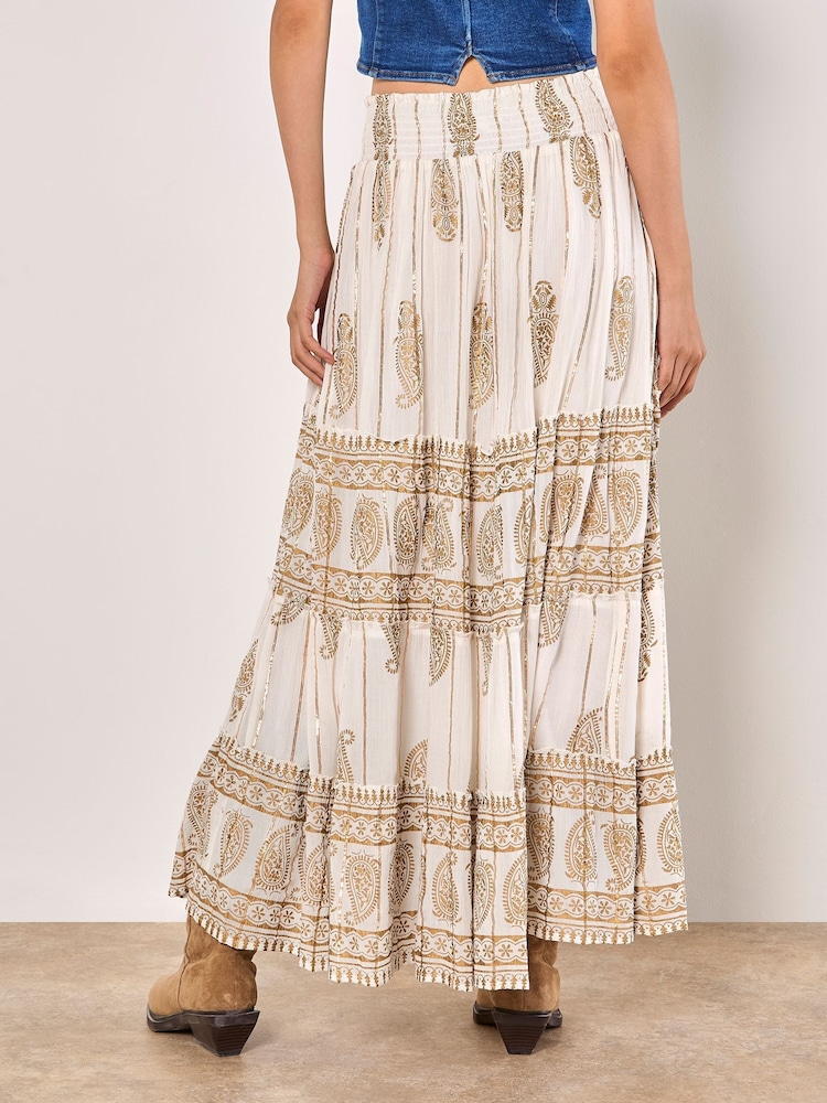 Apricot Cream Gold Print Tassel Maxi Skirt - Image 2 of 5