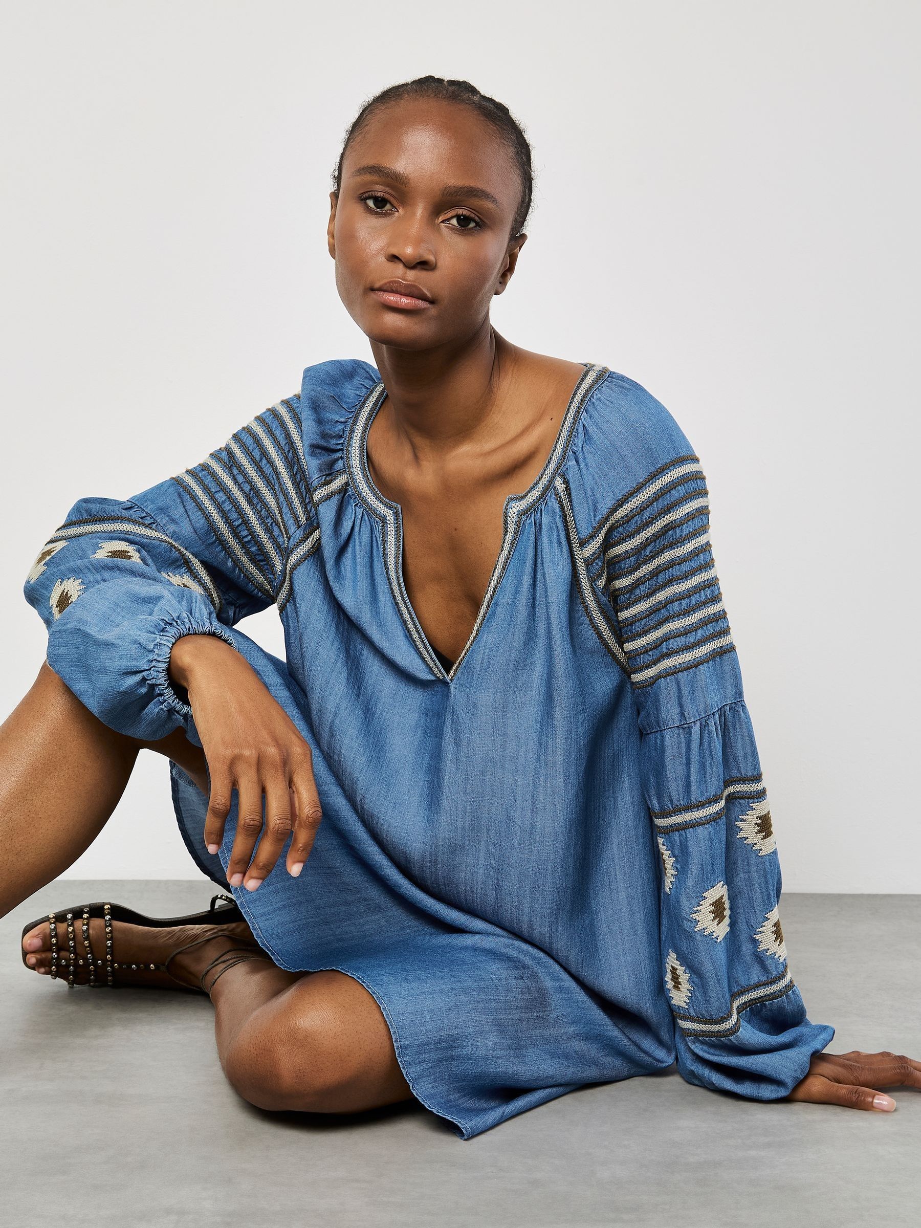 Apricot Blue Denim Balloon Sleeve Dress