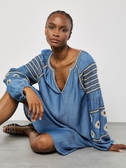 Apricot Blue Denim Balloon Sleeve Dress - Image 1 of 5