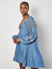 Apricot Blue Denim Balloon Sleeve Dress - Image 3 of 5