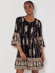 Apricot Black Bohemian Metallic Bell Sleeve Dress - Image 1 of 9