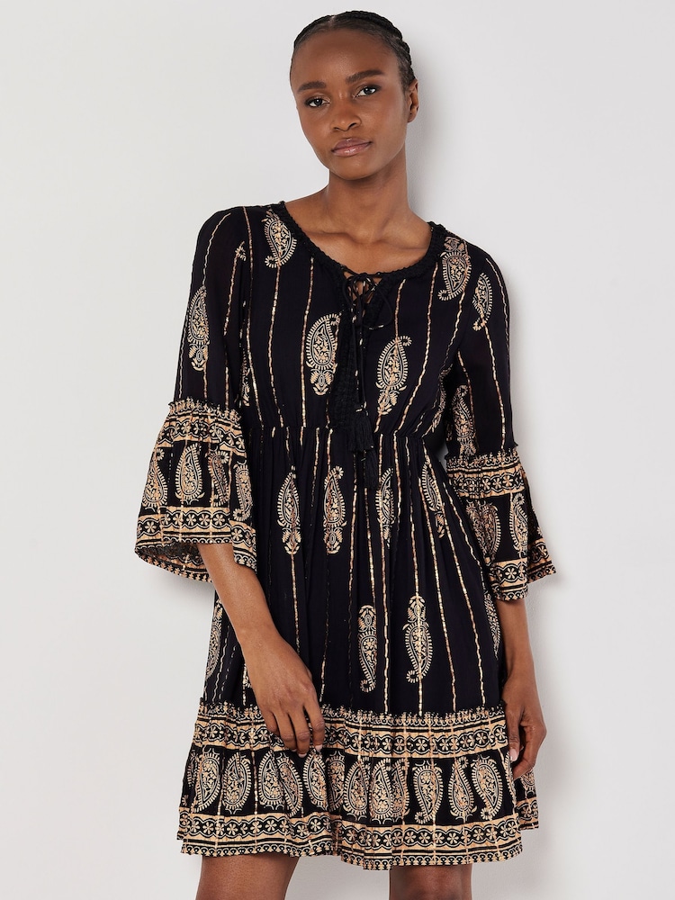 Apricot Black Bohemian Metallic Bell Sleeve Dress - Image 1 of 9 Apricot Black Bohemian Metallic Bell Sleeve Dress - Image 1 of 9