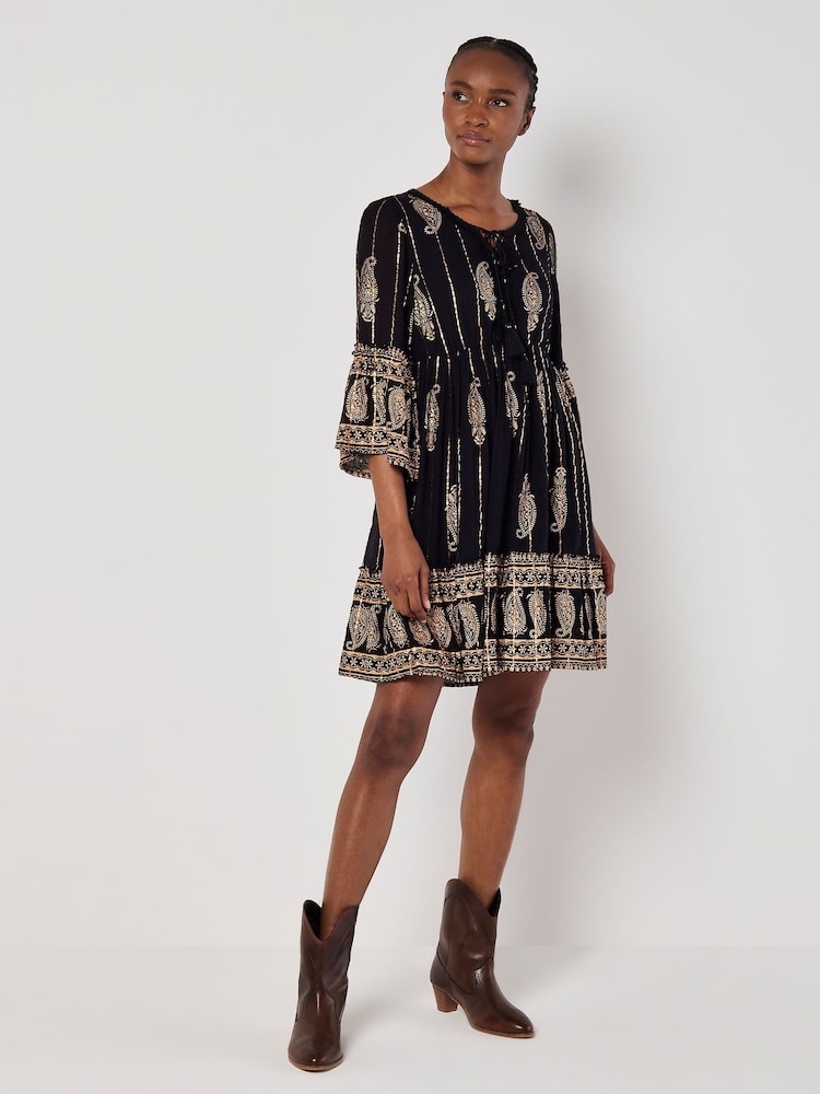 Apricot Black Bohemian Metallic Bell Sleeve Dress - Image 2 of 9 Apricot Black Bohemian Metallic Bell Sleeve Dress - Image 2 of 9