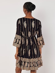 Apricot Black Bohemian Metallic Bell Sleeve Dress - Image 3 of 9