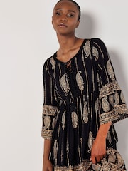 Apricot Black Bohemian Metallic Bell Sleeve Dress - Image 4 of 9