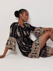 Apricot Black Bohemian Metallic Bell Sleeve Dress - Image 5 of 9