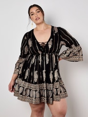 Apricot Black Bohemian Metallic Bell Sleeve Dress - Image 6 of 9