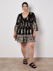 Apricot Black Bohemian Metallic Bell Sleeve Dress - Image 7 of 9