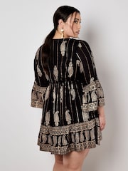 Apricot Black Bohemian Metallic Bell Sleeve Dress - Image 9 of 9