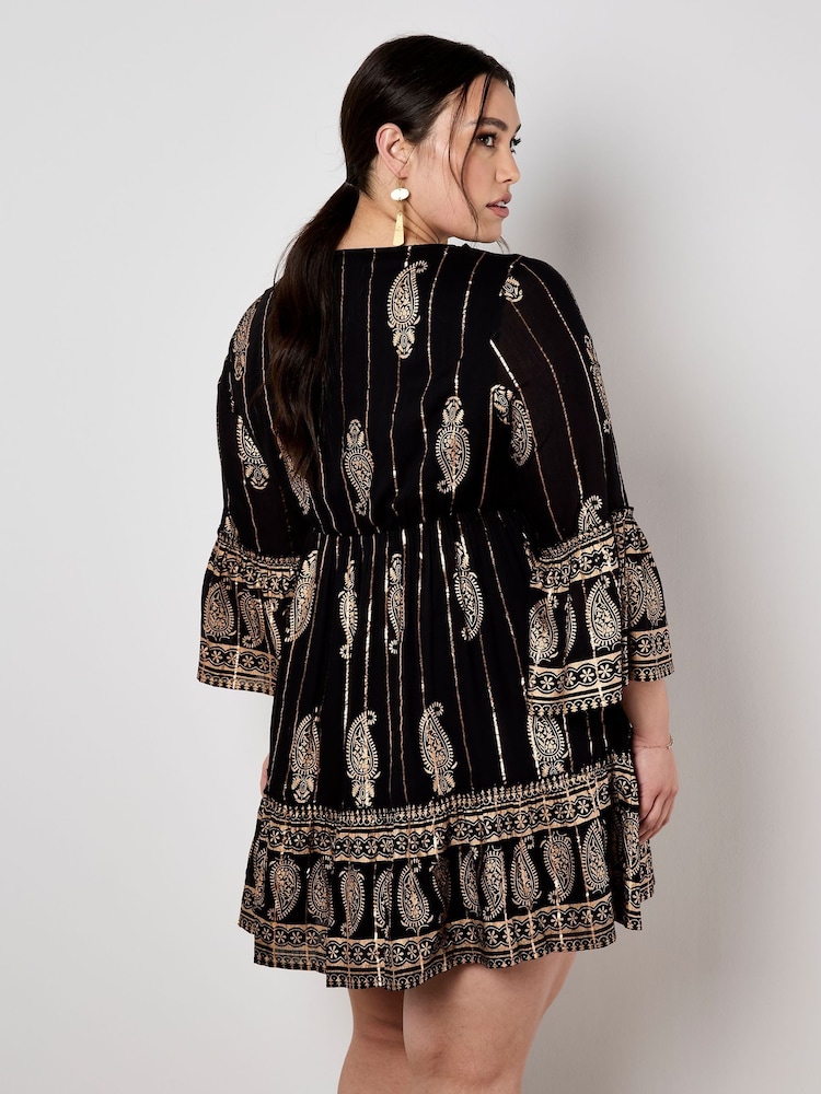 Apricot Black Bohemian Metallic Bell Sleeve Dress - Image 9 of 9 Apricot Black Bohemian Metallic Bell Sleeve Dress - Image 9 of 9