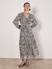 Apricot Natural Leopard Metallic Animal Print Chiffon Midi Dress - Image 1 of 4