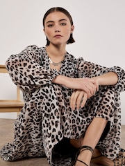 Apricot Natural Leopard Metallic Animal Print Chiffon Midi Dress - Image 4 of 4