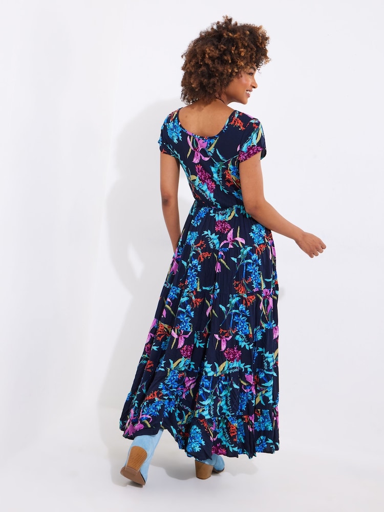 Joe Browns Blue Petite Dark Floral Crinkle Maxi Dress - Image 2 of 7