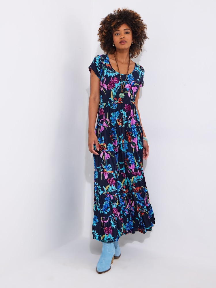 Joe Browns Blue Petite Dark Floral Crinkle Maxi Dress - Image 3 of 7