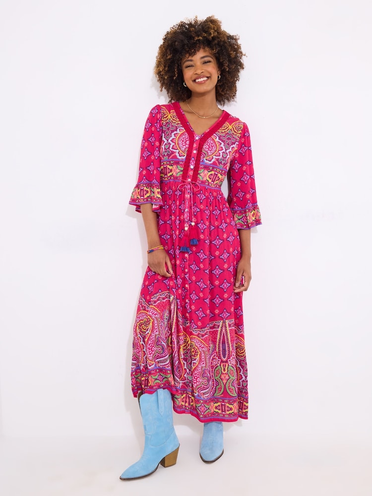 Joe Browns Pink Petite Border Print Button Maxi Dress - Image 2 of 5