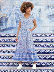 Joe Browns Blue Petite Floral Print Lace Trim Maxi Dress - Image 2 of 7