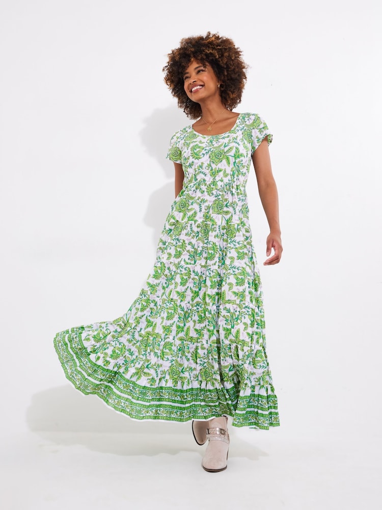 Joe Browns Green Petite Botanical Full Skirt Crinkle 100% Cotton Maxi Dress - Image 2 of 5