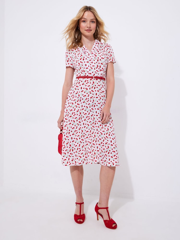 Joe Browns White Petite Cherry Print Tie Waist Midi Dress - Image 1 of 5