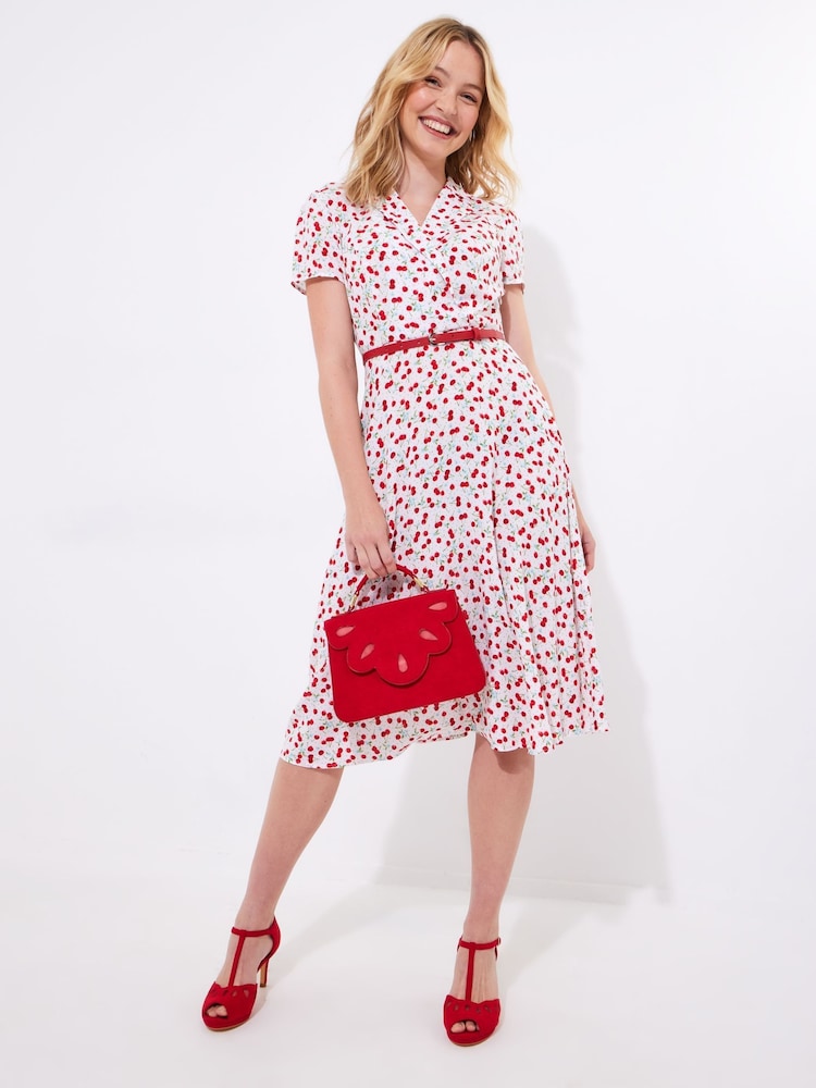 Joe Browns White Petite Cherry Print Tie Waist Midi Dress - Image 2 of 5