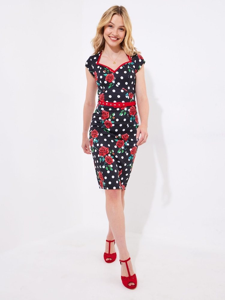 Joe Browns Black Petite Polka Rose Bodycon Dress - Image 1 of 7