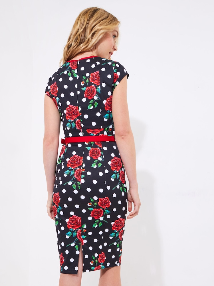 Joe Browns Black Petite Polka Rose Bodycon Dress - Image 3 of 7