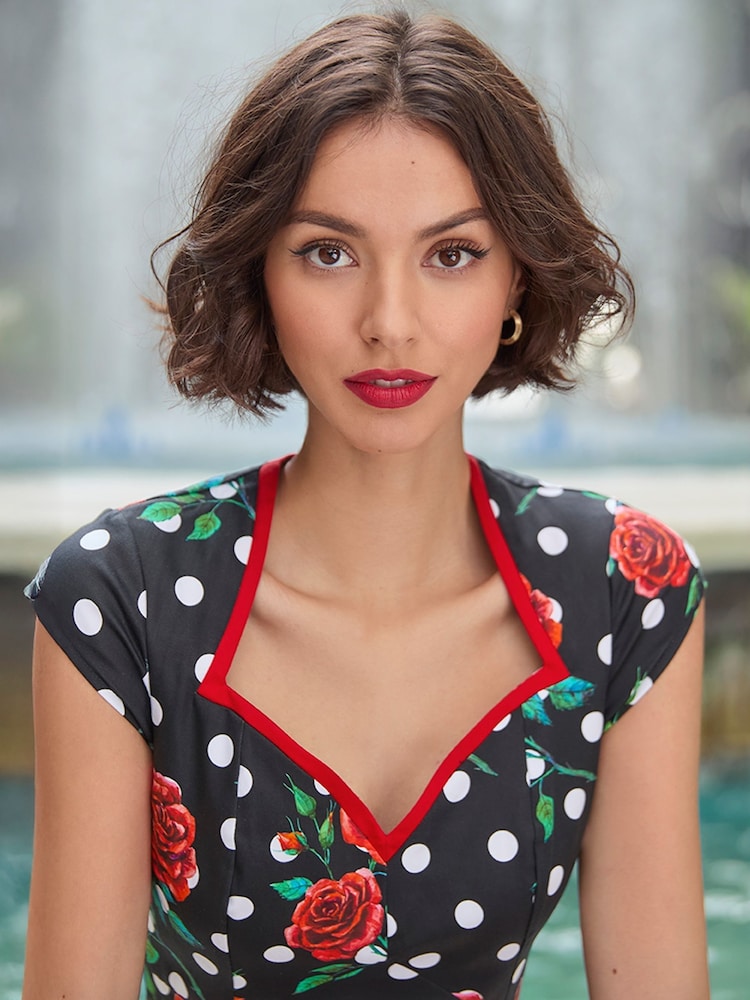 Joe Browns Black Petite Polka Rose Bodycon Dress - Image 6 of 7