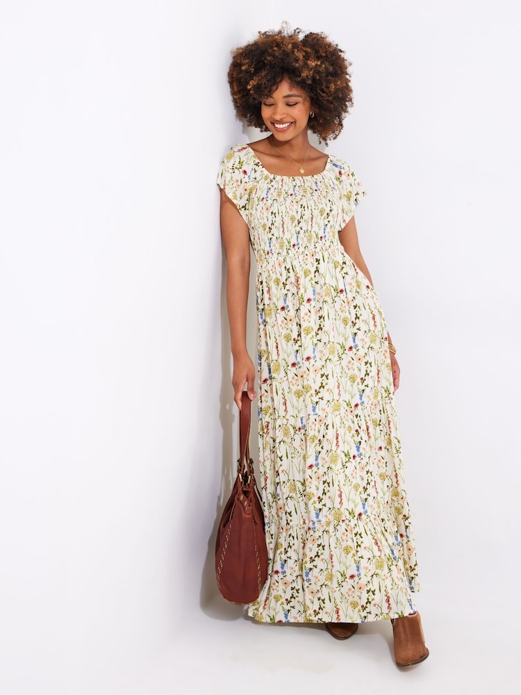 Joe Browns Cream Petite Puff Sleeve Floral Print Midaxi Dress - Image 1 of 5