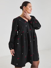 Simply Be Black Embroidered Cherry Skater Dress - Image 1 of 4