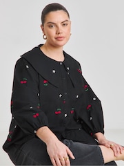 Simply Be Black Embroidered Cherry 100% Cotton Blouse - Image 1 of 4