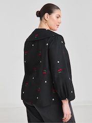 Simply Be Black Embroidered Cherry 100% Cotton Blouse - Image 2 of 4